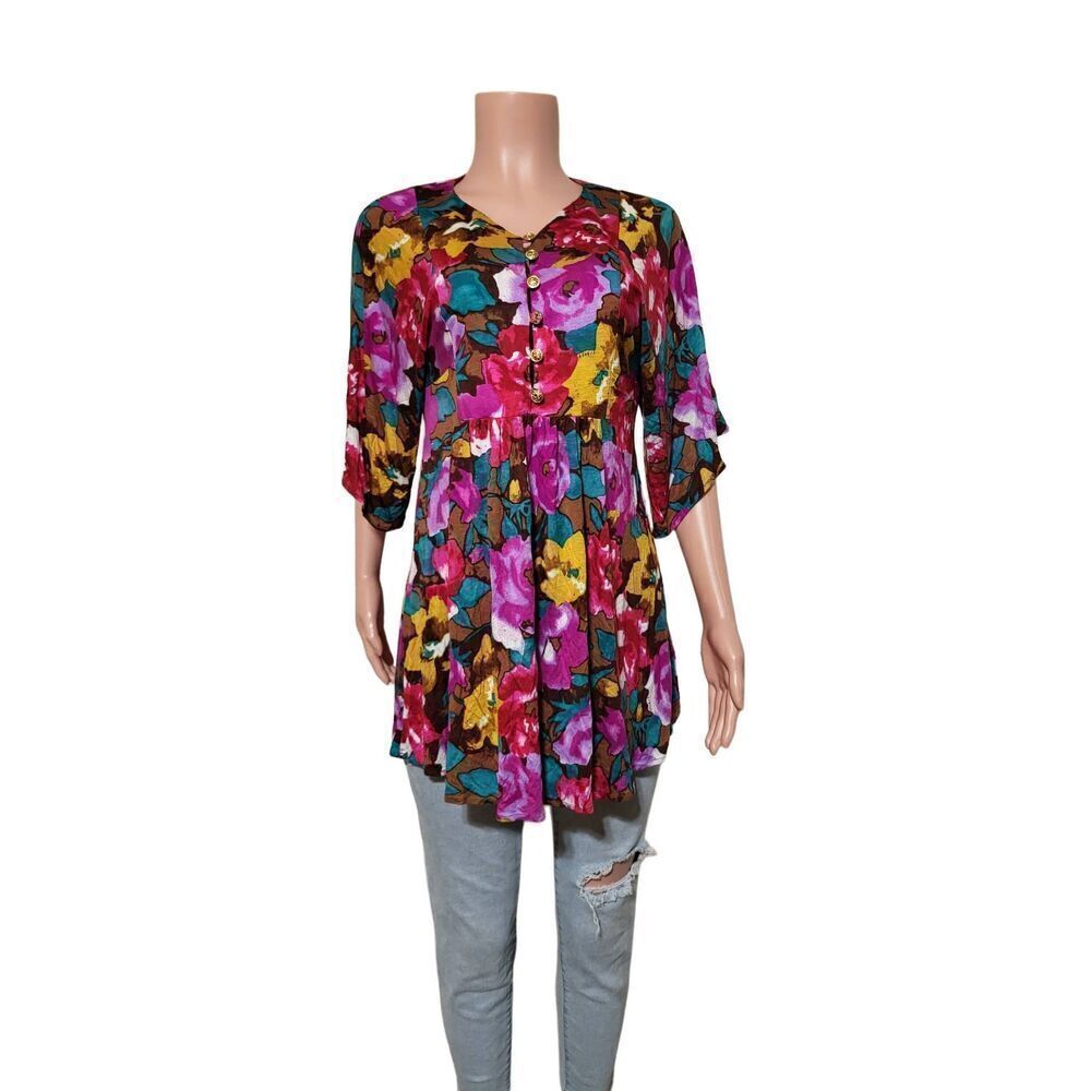 Timing women floral print 3/4 sleeve  babydoll top S